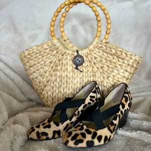 Taryn Rose Leopard print animal hair wedge, patent leather heel, w/ straw purse